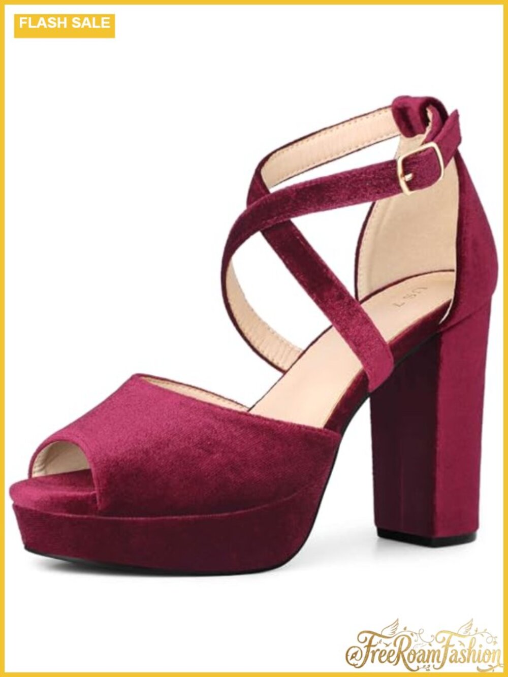 Faux Velvet Peep Toe Platform Sandals Block Heel Crisscross Ankle Strap Dress